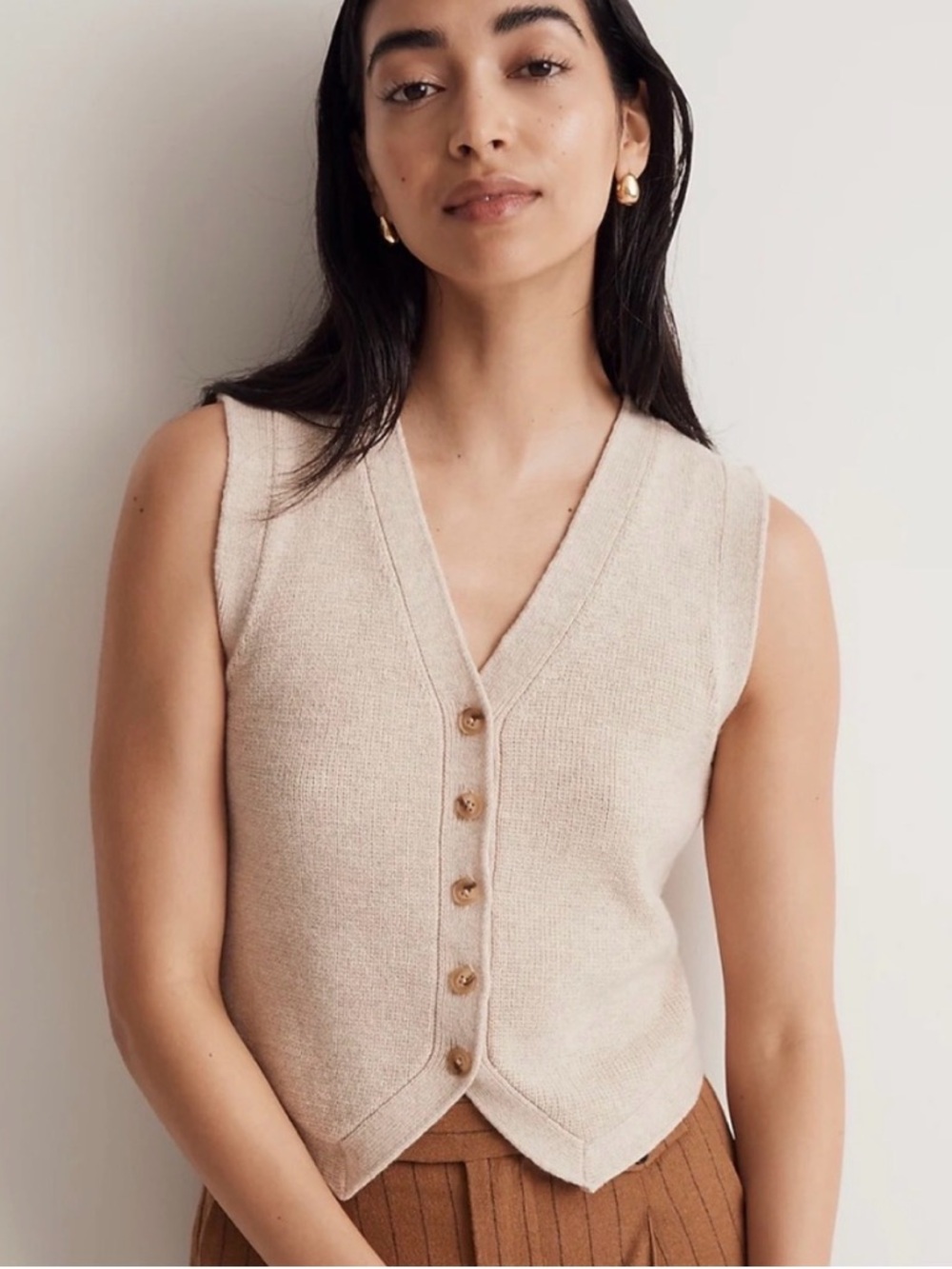 Madewell Button-Front Knit Vest in Soft Beige